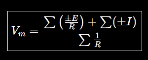 <p>V_m = Total current to top node / total conductance</p><p></p><p>V = IR → I = V/R → I = E/R</p><p></p><p>IF CURRENT SOURCE IS IN SERIES TO A RESISTOR, DO NOT TAKE RESISTOR INTO ACCOUNT!</p>