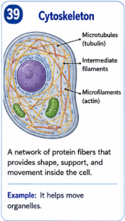 <p>A network of protein fibers that provides cell shape and support and helps move cellular components. Its major parts are microfilaments intermediate filaments and microtubules. </p>