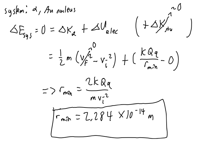 <p>set total energy of the system to delta K and potential electrical and set it to zero. single out r from final potential electrical.</p>
