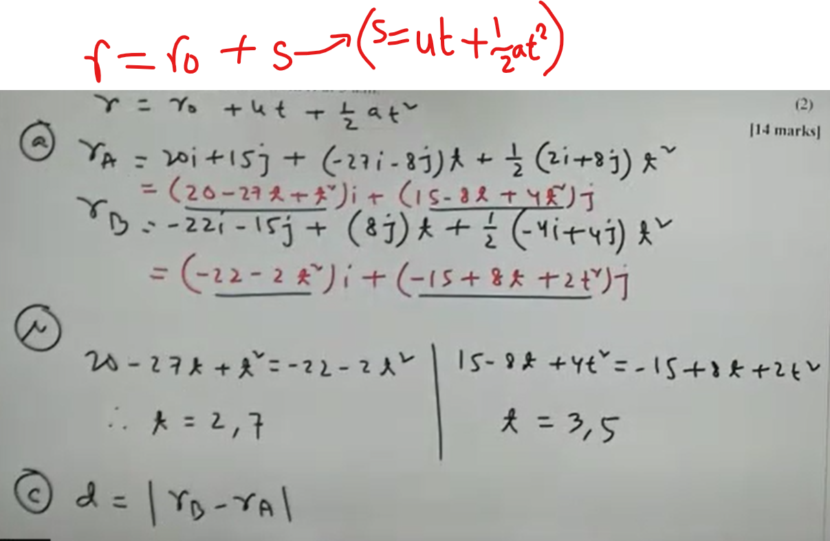 <p>this one was tricky as normally they don’t give acceleration, so you do:<br>r = r0 + s<br>   = r0 + vt<br><br>but with acceleration use: r = r0 + ut + 1/2(a)(t²)</p>