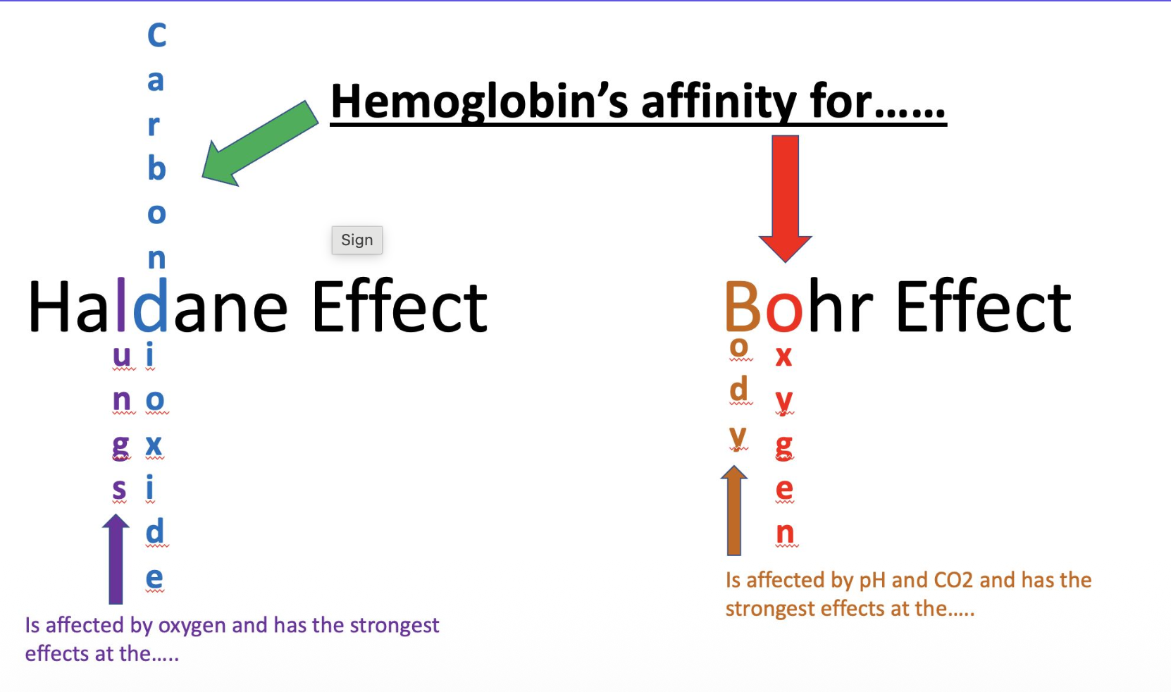 <p>Haldane: <br>At the lungs, when HgB carrying CO2 sees high oxygen, it will drop that CO2 and snatch up that oxygen </p><p></p><p>Bohr:</p><p>In the rest of the body, when HgB carrying oxygen sees high CO2, it will drop oxygen and snatch up that CO2 </p>