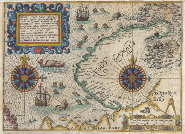 <p>de Bry, Map of Nova Zembla, 1601</p>