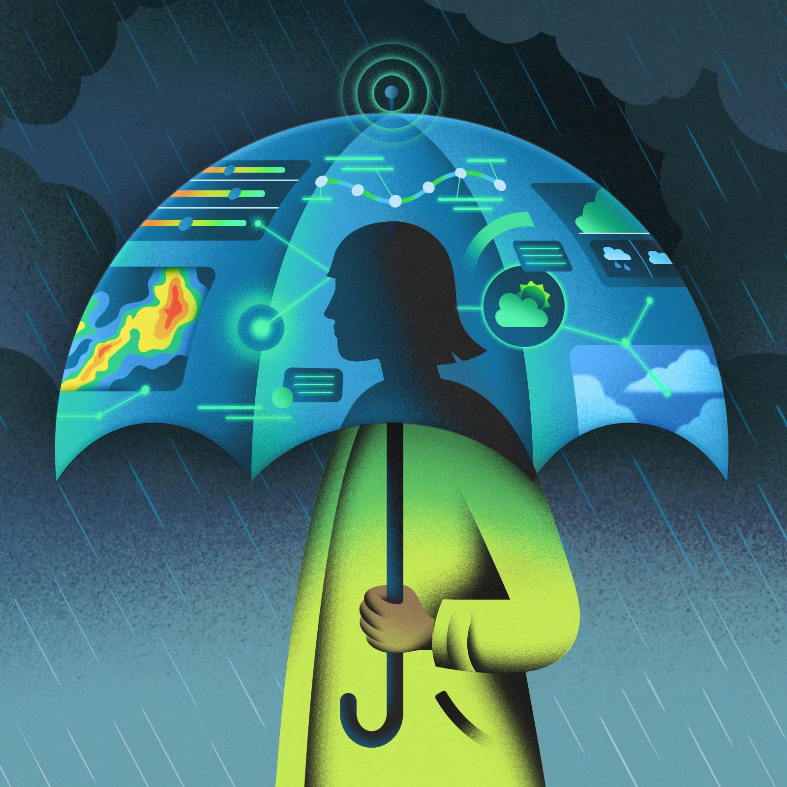 <p>The state of the atmosphere at a specific time, often depicted with images of sunny, rainy, or snowy conditions.</p>