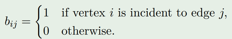 <p>The incident matrix of graph G = (V, E) with n = |V| and m = |E| is an n*m matrix where:</p>