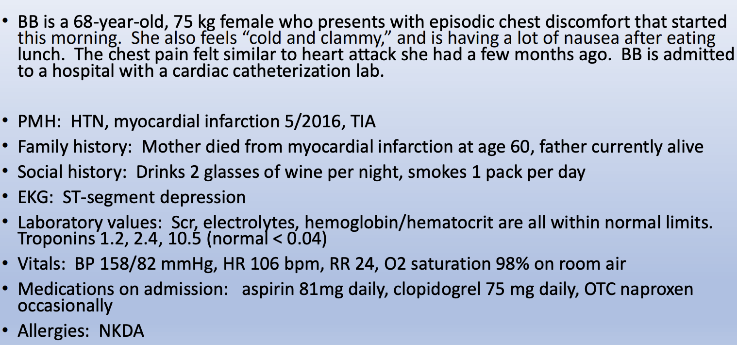 <p><strong><em><u>Initial management </u></em></strong></p><p>What type of ACS does BB have?</p><p>What medications should we give in the ED?</p><p>How should we determine how to treat BB for her ACS?</p><p><strong><em><u>BB goes to cath lab for PCI</u></em></strong></p><p>What anti-platelet medications should she receive?</p><p>What anticoagulant medications should she receive? </p><p></p>