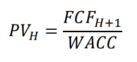 <p>PVH equals FCF H+1 divided by WACC</p>