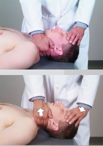 <ul><li><p>longitudinal → contact cervical paravertebral muscles, ant. force + cephalad traction rhythmic </p></li><li><p>contralateral → caudad hand contact cervical paraspinal + draw ant. rhythmically, cephalad hand stabilize forehead</p></li></ul><p></p>