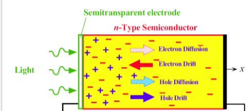 <p>Electron diffusion (flux): to the right</p><p>Hole diffusion (flux): to the right</p><p>Electron diffusion current: to the left</p><p>Hole diffusion current: to the left</p>