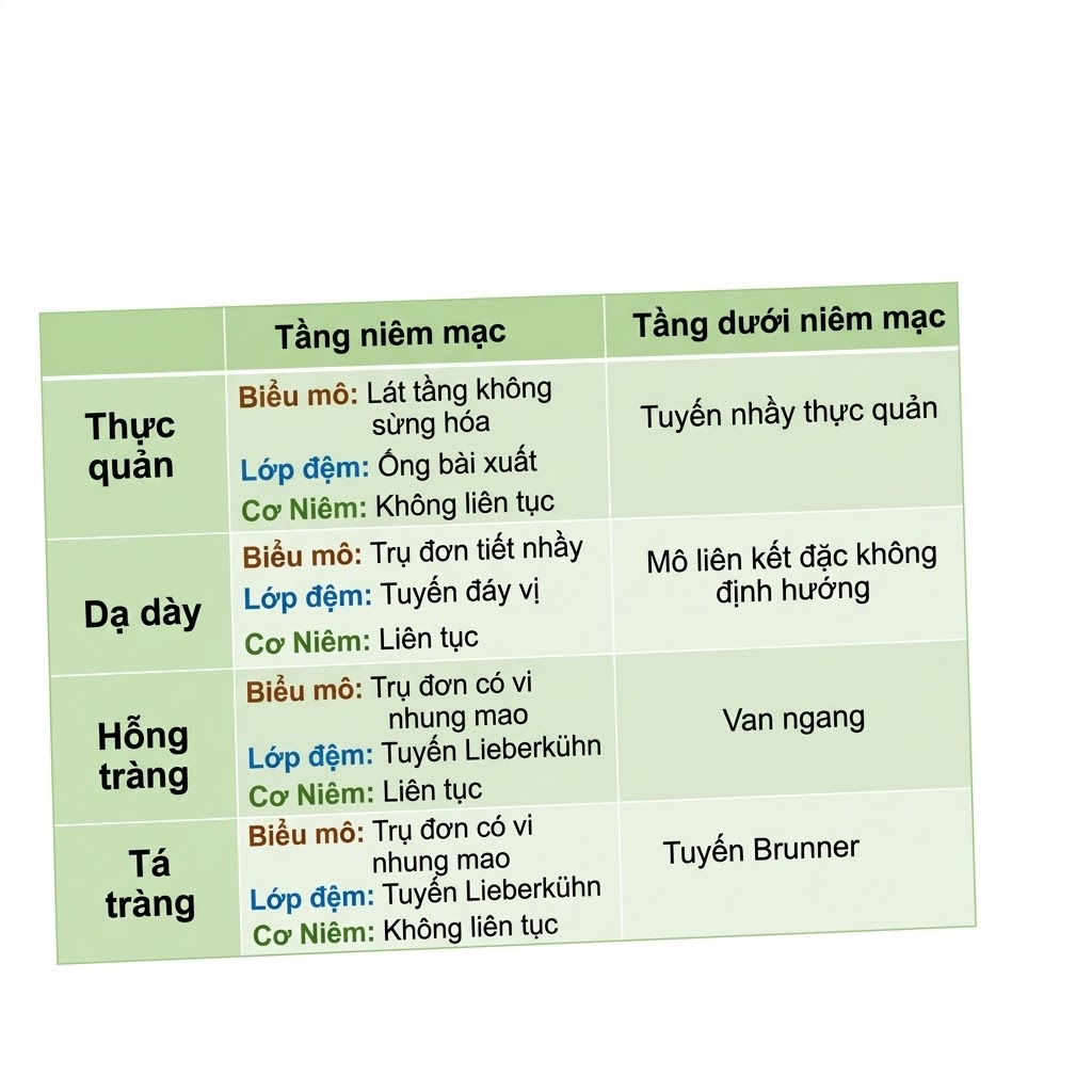 <p><strong>THỰC QUẢN</strong>:</p><ul><li><p><span style="color: red;"><strong>Tầng niêm mạc</strong></span>: </p><ul><li><p>1. Biểu mô: lát tầng không sừng hoá</p></li><li><p>2. Lớp đệm: ống bài xuất</p></li><li><p>3. Cơ niêm: không liên tục</p></li></ul></li><li><p><span style="color: green;"><strong>Tầng dưới niêm mạc</strong></span>: tuyến nhầy thực quản</p></li></ul><p><strong>DẠ DÀY</strong>:</p><ul><li><p><span style="color: red;"><strong>Tầng niêm mạc</strong></span>:</p><ul><li><p>Biểu mô: trụ đơn tiết nhầy</p></li><li><p>Lớp đệm: tuyến đáy vị</p></li><li><p>Cơ niêm: liên tục</p></li></ul></li><li><p><span style="color: green;"><strong>Tầng dưới niêm mạc</strong></span>: mô liên kết đặc không định hướng</p></li></ul><p><strong>HỖNG TRÀNG</strong>:</p><ul><li><p><span style="color: red;"><strong>Tầng niêm mạc</strong></span>:</p><ul><li><p>Biểu mô: trụ đơn có vi nhung mao</p></li><li><p>Lớp đệm: tuyến Lieberkühn</p></li><li><p>Cơ niêm: liên tục</p></li></ul></li><li><p><span style="color: green;"><strong>Tầng dưới niêm mạc</strong></span>: van ngang</p></li></ul><p><strong>TÁ TRÀNG</strong>:</p><ul><li><p><span style="color: red;"><strong>Tầng niêm mạc</strong></span>:</p><ul><li><p>Biểu mô: trụ đơn có vi nhung mao</p></li><li><p>Lớp đệm: tuyến Lieberkühn</p></li><li><p>Cơ niêm: không liên tục</p></li></ul></li><li><p><span style="color: green;"><strong>Tầng dưới niêm mạc</strong></span>: tuyến Brunner</p></li></ul><p></p>