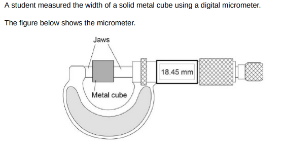 <p>The mass of the metal cube was measured using a top pan balance.</p><p>The balance had a zero error.</p><p>Explain how the zero error may be corrected after readings had been taken from the balance.</p>