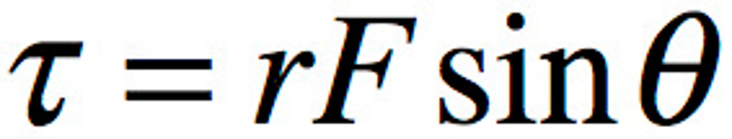 <p>θ = angle between F and the lever arm. (Max force at sin90° = 1) By convention, clockwise rotation is negative, counterclockwise rotation is positive.</p>