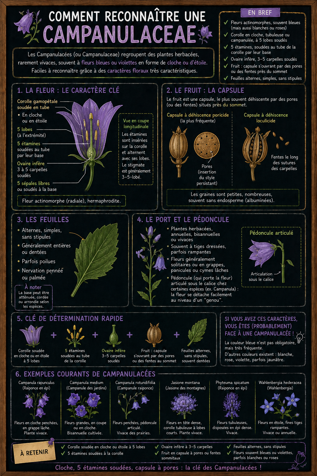 <p>Les Campanulaceae sont souvent reconnaissables à leurs fleurs en forme de cloche (campanulées), généralement bleues, violettes ou blanches. La corolle est formée de 5 pétales soudés, donnant cette forme caractéristique.</p><p>Les fleurs sont souvent actinomorphes (symétrie radiale) et peuvent être solitaires ou en inflorescences (racèmes, cymes). Elles possèdent 5 sépales, 5 étamines et un ovaire infère, ce qui est un point important.</p><p>Les feuilles sont simples, alternes, sans stipules, souvent à bord denté.</p><p>Un autre indice fréquent est la présence de latex blanc.</p><p>Le fruit est généralement une capsule déhiscente.</p><p>En résumé : fleur en cloche + pétales soudés + ovaire infère + latex = Campanulaceae.</p>