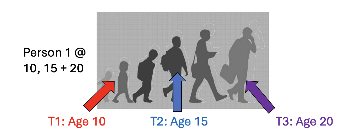 <ul><li><p>Observe the same people at different ages</p></li><li><p>Time-intensive with risk of <strong>attrition</strong>, often impractical</p><ul><li><p>People are being lost during the experiment</p></li></ul></li><li><p><strong>Practice effects</strong> possible (tests @ T2 differ from T1)</p><ul><li><p>e.g. similar tests = easier, not because the cognitive improvement</p></li></ul></li><li><p>Be cautious of conclusions</p></li></ul><p></p>
