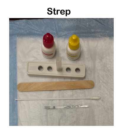 <ul><li><p><strong>Setup</strong>: Place the tube in the holder and add 4 drops each of reagent A and B. (so 4 drops of reagant A and 4 drops of reagnant B)</p><p></p></li><li><p></p><p><strong>Collection</strong>: Swab both sides of the throat; use a tongue depressor if needed.</p><p></p></li><li><p><strong>Processing</strong>:</p><ul><li><p>Insert the swab into the tube and wait 1 minute.</p><p></p></li><li><p>Squeeze out the swab and discard it in biohazard.</p><p></p></li><li><p>Place the strep dipstick into the solution.</p><p></p></li></ul></li><li><p></p><p><strong>Reading</strong>: Read results in 5 minutes.</p></li></ul><p></p><p>(Remember - M shape bc of yellow and red=Mcdonalds)</p><p></p>