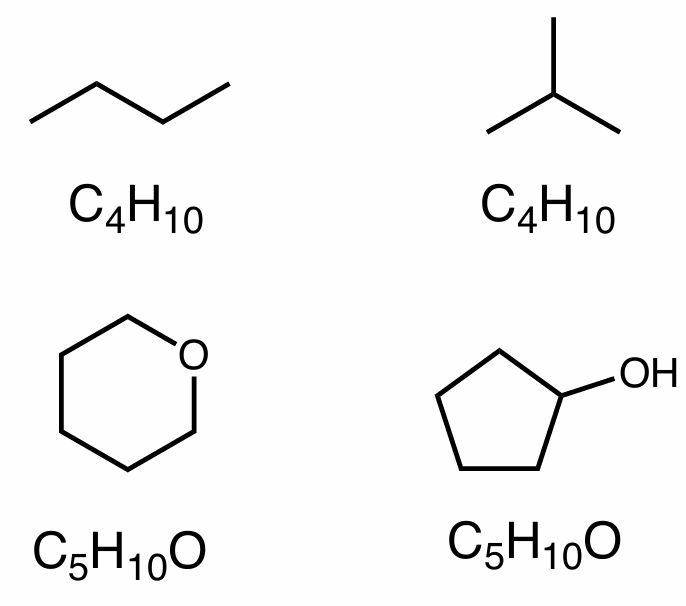 <p><strong>same</strong> molecular formula, <strong>different</strong> atom connectivity </p>