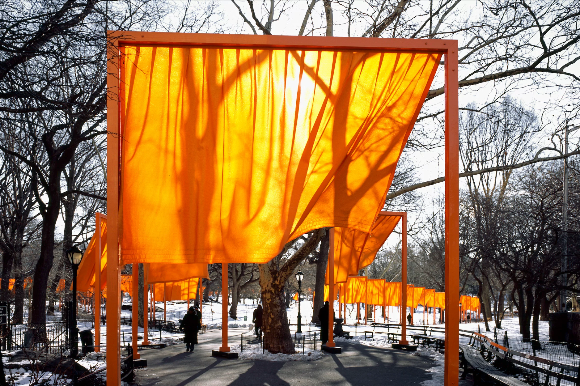 <p>Christo and Jeanne-Claude installed thousands of saffron-colored fabric gates through Central Park in New York City for just two weeks. It forced people to look at a familiar public park in a completely new, vibrant way.</p>