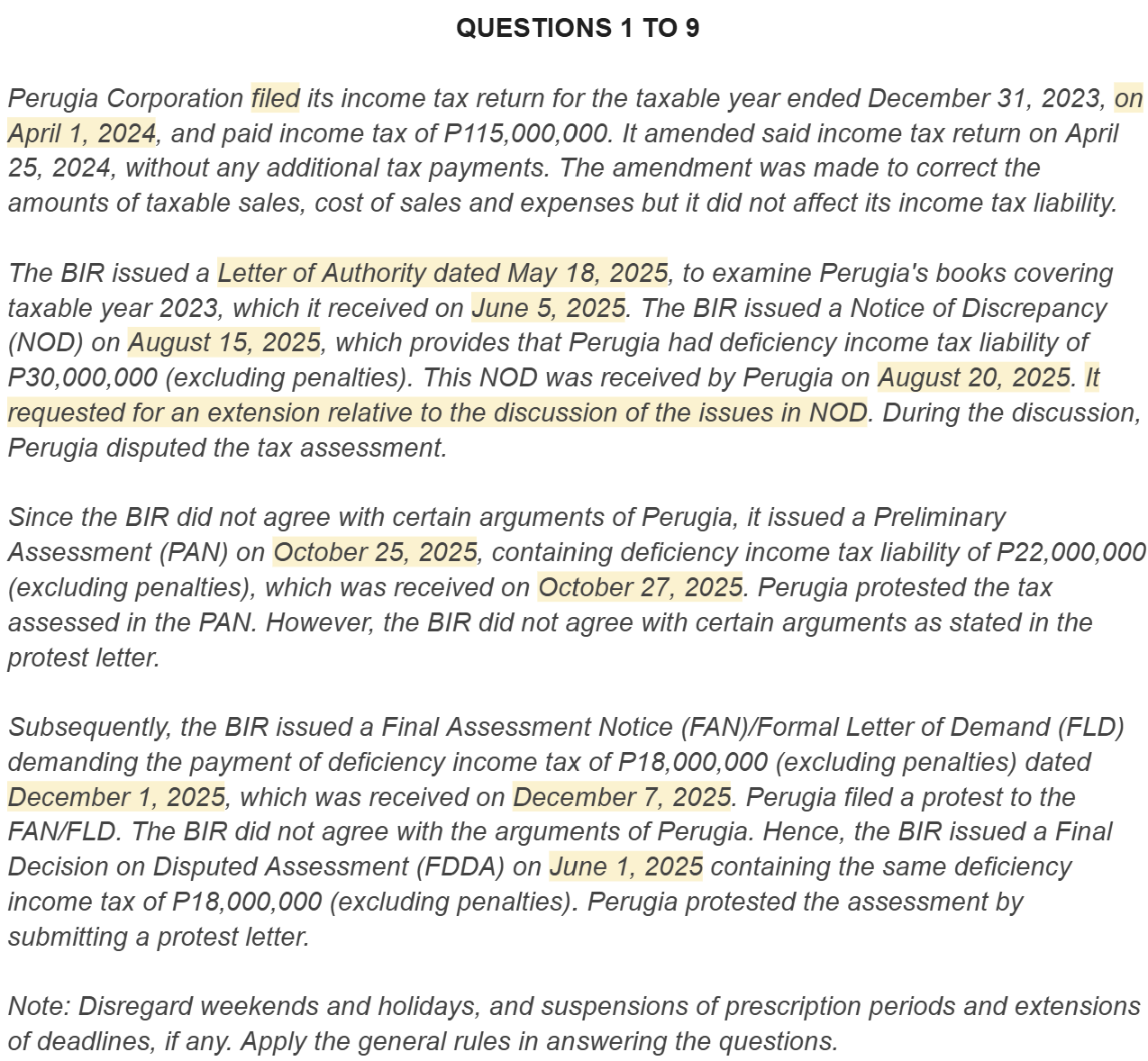 <p><span style="background-color: transparent;"><strong><u>Question 3: NOD Discussion Deadline</u></strong></span></p><p><span style="background-color: transparent;">Assuming the discussion with the BIR relative to the NOD was made on the last day required under the regulations, when was the said discussion made?</span></p><ul><li><p><span style="background-color: transparent;">a. August 30, 2025.</span></p></li><li><p><span style="background-color: transparent;">b. None of the choices</span></p></li><li><p><span style="background-color: transparent;">c. September 4, 2025.</span></p></li><li><p><span style="background-color: transparent;">d. September 14, 2025.</span></p></li><li><p><span>e. September 19, 2025.</span></p></li></ul><p></p>