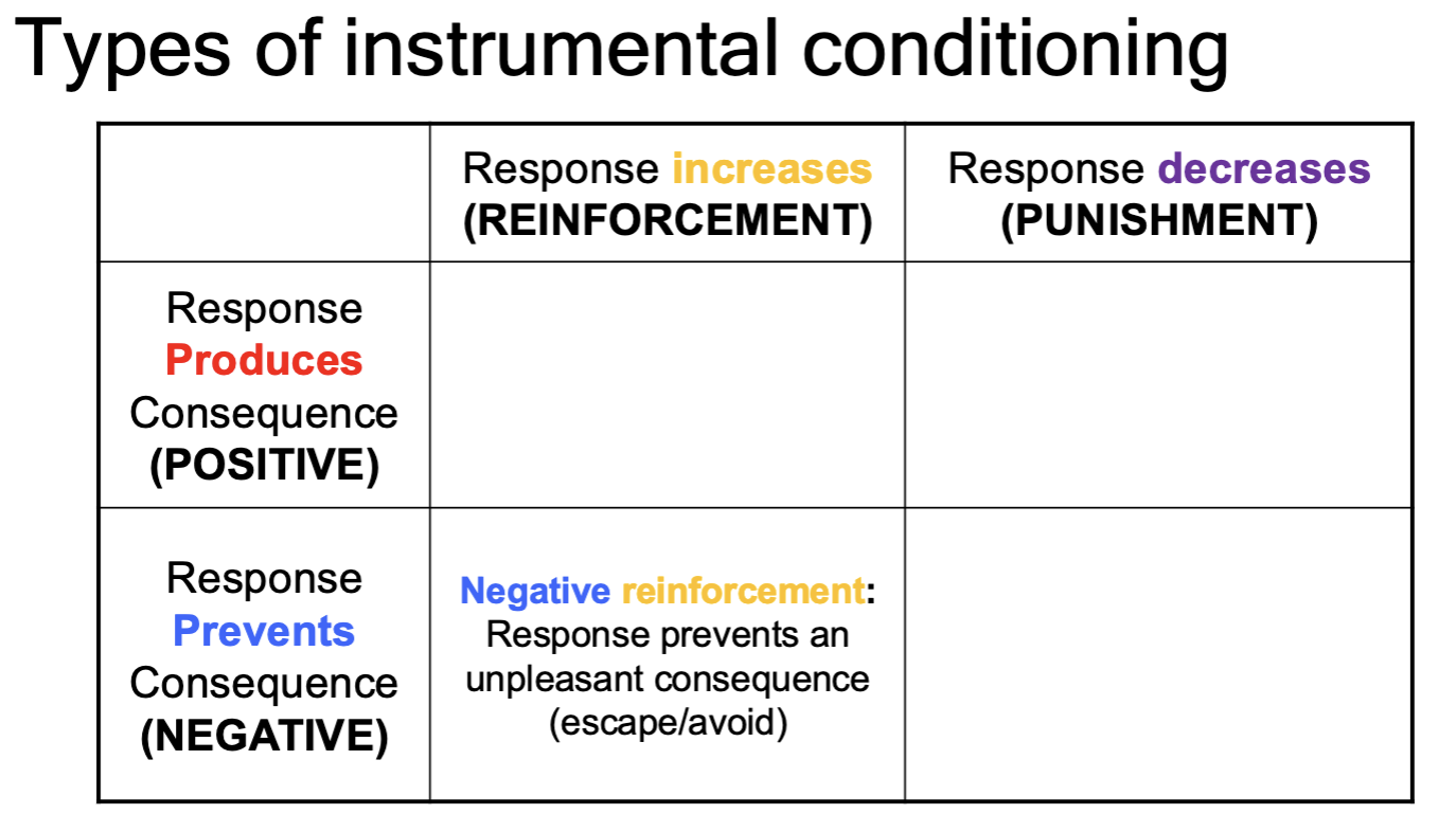 <p>Response prevents an unpleasant consequence (escape/avoid) and behaviour will increase.</p>
