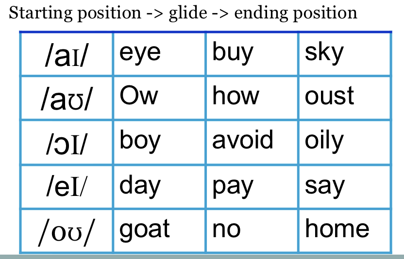 <p>A single vowel sound gliding smoothly from one position to another in the same syllable. </p>