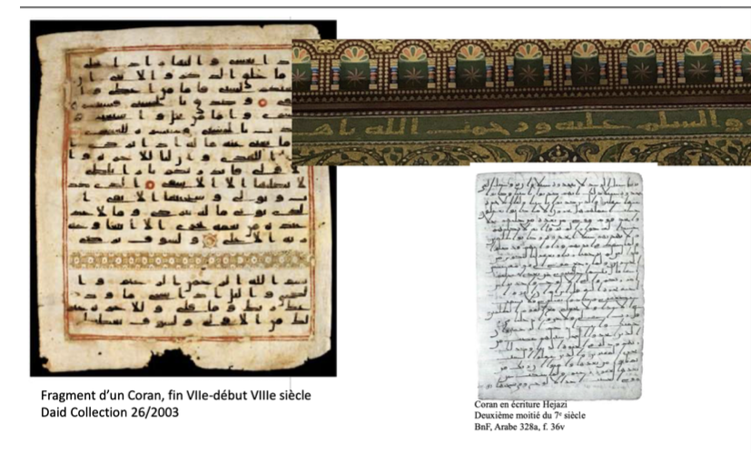 <ul><li><p><span style="background-color: transparent;">double déambulatoire</span></p></li><li><p><span style="background-color: transparent;">les colonnes ont des chapiteaux variés (composites, corinthiens…), </span></p></li><li><p><span style="background-color: transparent;"><strong>mosaïque </strong>en pâte de verres colorés appelés tesselles, parfois avec des feuilles métalliques. Elles sont assemblées pour former des<strong> couronnes, des inscriptions et d'autres motifs variés.</strong></span></p></li></ul><p>Le décor, <u>principalement végétal,</u> se déploie sur les piliers, les arcades et la coupole. On y reconnaît des feuilles d’acanthe et des motifs plus stylisés. Le Dôme du Rocher <u>ne comporte aucune représentation figurative</u>. Cette absence sera une constante de l’architecture religieuse islamique. Les représentations du Prophète Muhammad, lorsqu’elles existent, sont uniquement pédagogiques. On n’en trouve jamais dans le Coran, les mosquées ou les monuments de pèlerinage.</p><p><span style="background-color: transparent;"><strong>L’interprétation de ces décors</strong></span></p><p><span style="background-color: transparent;">pas uniquement décoratif : on a représenté des couronnes, des bijoux ; motifs fréquents dans la royauté byzantine et sassanide, sur les tambours des arcs&nbsp; <strong>⇒ symbole de victoire de l’islam sur les byzantins/sassanides</strong></span></p><p><span style="background-color: transparent;">il y a aussi un mélange des influences ⇒ <strong>syncrétisme</strong> : éléments byzantins, sassanides, chrétiens</span></p><p><strong>Le décor épigraphique:</strong></p><p>Une frise épigraphique entoure l’édifice. Elle constitue <u>une innovation majeure pour l’époque</u>. Elle est réalisée en écriture <strong>coufique.</strong></p><p>Elle reprend des versets coraniques évoquant Jésus (Isa) comme prophète, <u>rappelant l’unicité divine et rejetant la Trinité. </u>Elle marque symboliquement l’implantation de l’islam à Jérusalem et affirme sa <strong>supériorité religieuse.</strong></p><p><br></p>