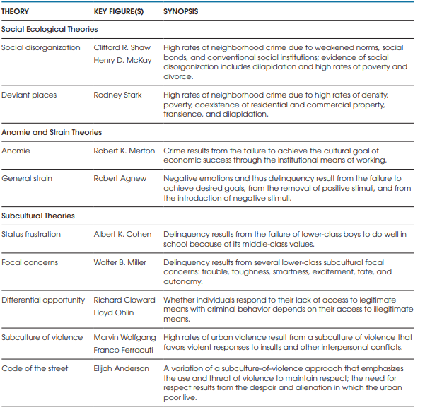 <p>social ecological theories, anomie strain theories, subcultural theories</p>