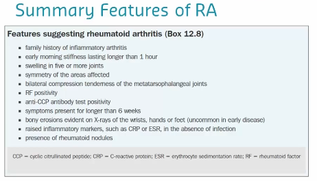 <p>elevated:</p><ul><li><p>Erythrocyte Sedimentation Rate (ESR)</p></li><li><p>CRP</p></li></ul><p>Presence of RF (an antibody present when body undergoing autoimmune diseases, detected less in early stages of RA)</p><p>HLA typing → looks for genetic markers in blood that are associated with RA</p><p>Antinuclear Antibody</p><p>Antibody to CCP (appears before symptoms appear)</p><p>Normocytic normochromic Aneamia: low serum iron, normal to low TIBC, and normal to high ferritin</p><p>Changes in joint radiographs </p>