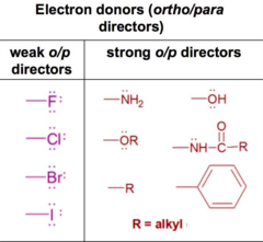 <p>activating, electron donators</p><p>-NH2, -OH, -OR, NHCOCH3, -R, -aryl</p>