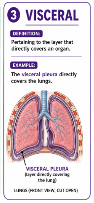 <p>Pertaining to the layer that directly covers an organ.</p><p>Example: The visceral pleura directly covers the lungs.</p><p>Easy idea: <strong>visceral touches the organ.</strong></p>