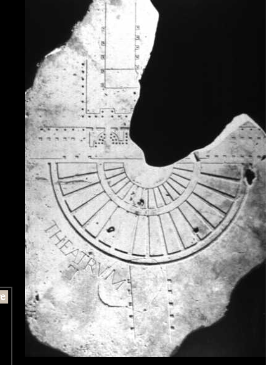 <p><span>Campus Martius, Rome. Completed 55 BCE.</span></p><p></p><p><span>Severan Marble Plan showing Theatre of Pompey, ca. 200 CE.</span></p><p style="text-align: center;"><span>Scale 1:240. Plan spread over 250 marble slabs, 18x13m, Temple of Peace, Rome.</span></p>