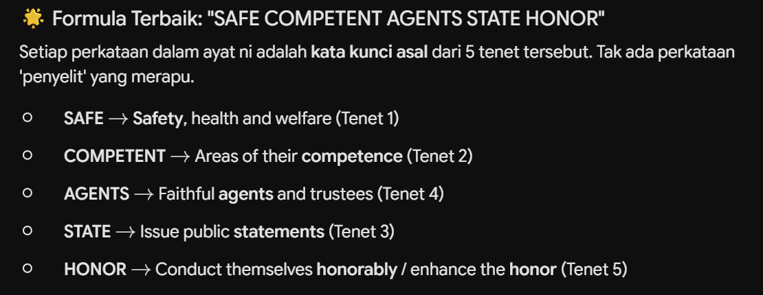 <p>1.Hold paramount the safety, health and welfare of the public.<br><br>2. <span style="color: red;">Perform services</span> only in areas of their competence.</p><p>3. Issue public statements only in an objective and truthful manner.</p><p>4. Act for each employer or client as faithful agents and trustees.</p><p>5. Conduct themselves honorably, responsibly, ethically, and lawfully so as to enhance the honor, reputation and usefulness of the profession.</p>