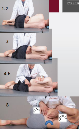 <ul><li><p>pt. lat. recumbent (rotation side down) w/ DO facing pt. </p></li><li><p>palpate under segment → extend (push legs/pelvis post.)</p></li><li><p>restrict top leg → pt. extend bottom leg → place ankle in popliteal fossa</p></li><li><p>switch monitor hands → pull pt. bottom arm forward until rotation felt under segment</p></li><li><p>caudad forearm post. to greater trochanter + cephalad hand grasping elbow</p></li><li><p>force vector → shoulder caudad + pelvis cephalad</p></li></ul><p></p>