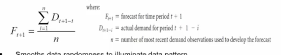 <ul><li><p>forecasts average the n most recent demand values</p></li><li><p>smooths data randomness to illuminate data pattern</p></li><li><p>can be adjusted for the type of data being measured</p><ul><li><p>more responsive: smaller n values (for data with frequent data pattern changes)</p></li><li><p>more stability: larger n values (for data with infrequent data pattern changes)</p></li><li><p>which day are u standing in, what are u forecasting 2. . ex., standing in day 11. </p><ul><li><p>ex., period 1, demand 3. n=1 (standing in period 1, 3/1, forecast period 2 is 3)</p></li><li><p>could not have a forecast if not enough to meet n (like if n=5, u need 5 data points, take the 5 most recent points)</p></li></ul></li></ul></li><li><p>does not consider trend or seasonality</p></li><li><p>NOTE: n=1 is the same as the last period forecast</p></li></ul><p></p>
