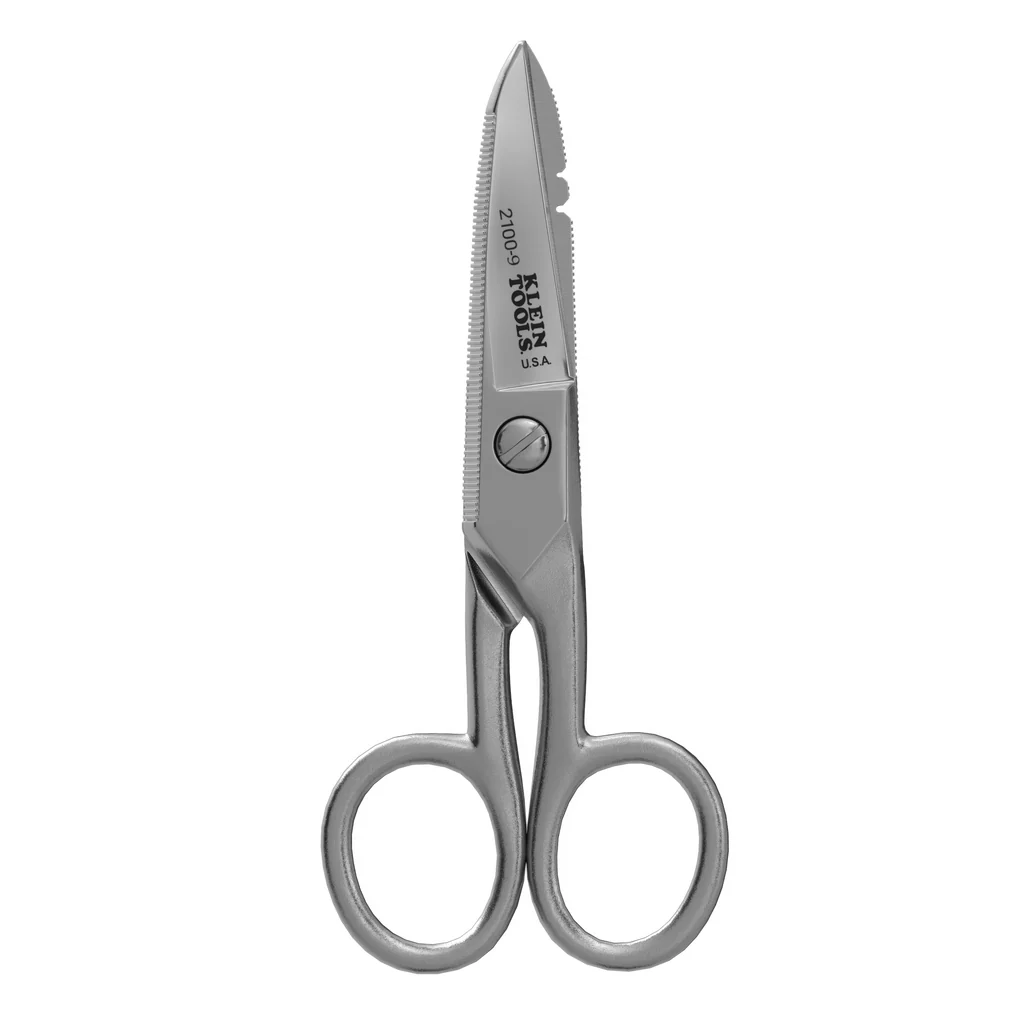 <p>Compact, heavy-duty metal scissors with sharp, notched blades and sometimes insulated handles, used to cut wire, cable, and strip insulation.</p>
