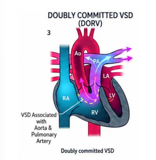 <p>LV outflow is <strong>equally shared between the aorta and pulmonary artery</strong>.</p><p></p><p>Doubly committed VSD = LV outflow is directed toward both the aorta and pulmonary artery → both great arteries receive mixed oxygenated and deoxygenated blood.</p>