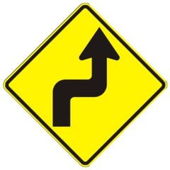 <p>The road ahead curves to the right, then the left. (hint: not right and left turns ahead, depicts actual direction, also does not indicate a winding road or simply a right turn.)</p>