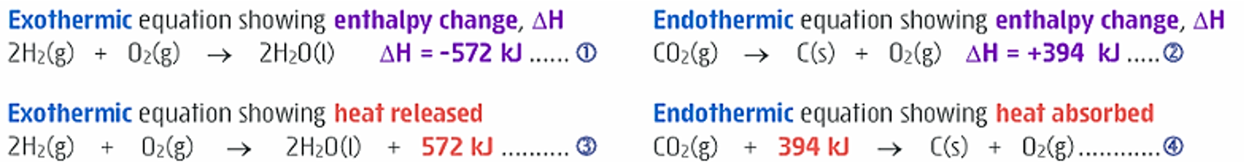 <ul><li><p>show ΔH</p></li><li><p>show energy (heat) absorbed/released </p></li></ul><p></p>