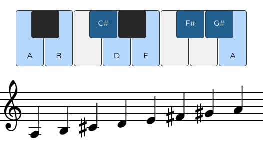 <p><span>A B C# D E F# G# A</span></p>