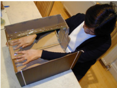 <p>use to be thought of as a <u>neurological disorder</u>, that they were crazy</p><p>solution was to cut off more of the limb, but didn’t get rid of phantom pain</p><p>__</p><p><strong>“mirror box”</strong> simulates/<u>mimics the presence of the amputated hand</u>, which alleviates symptoms in MOST of Ramachandran’s patients</p><ul><li><p>put each arm in different holes, where 1 side is entirely covered &amp; has a mirror that makes it appear like you have two arms</p></li><li><p>tell the person to clench their working/normal fist &amp; release it, made it look like other hand was also clenching and releasing their fist </p><ul><li><p>this tricks the brain &amp; usually relieves phantom limb pain</p></li></ul></li></ul><p><u>continued </u>practice w/ mirror box can <u>sometimes make phantom pain go away completely</u></p>