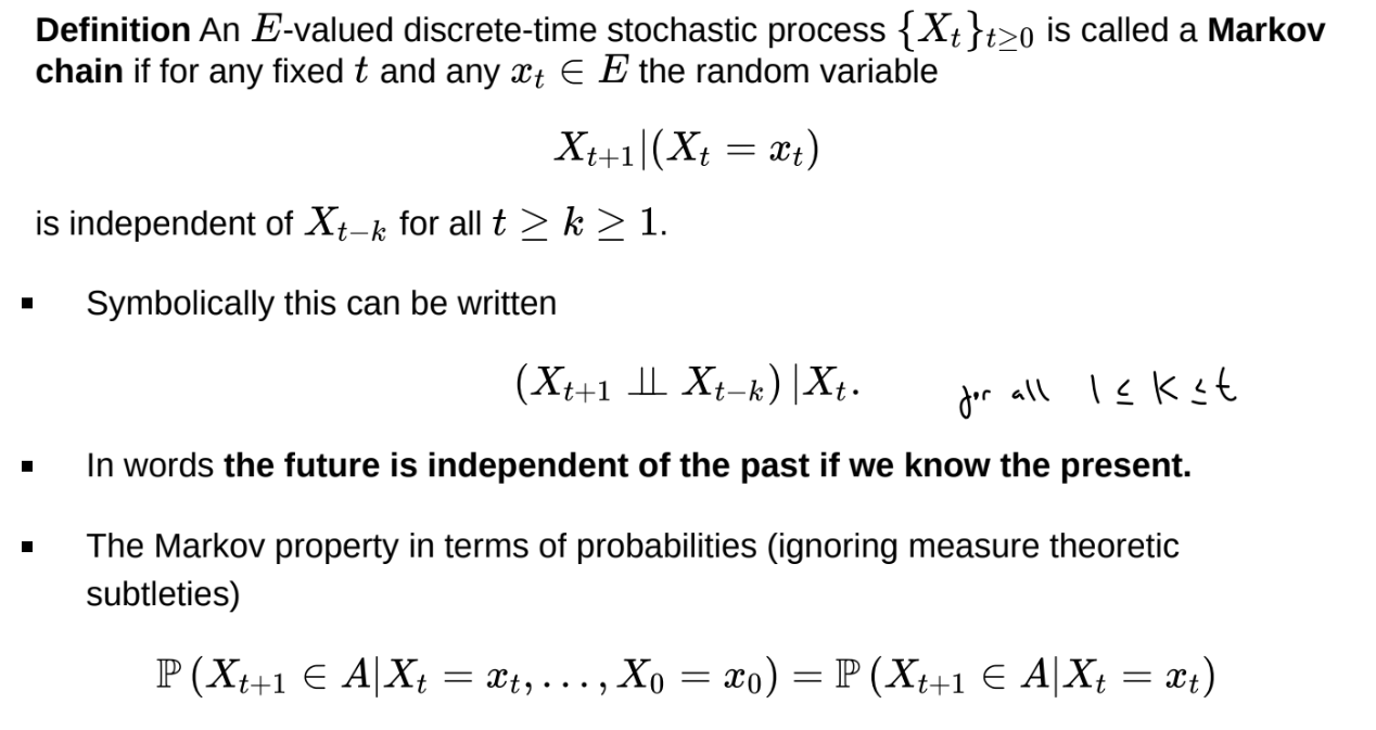 <p>A Markov chain is a series of random variables $$\{X_t\}_{t \geq 0}$$ (a discrete- time stochastic process) such that </p><p>$$(X_{t+1} \perp \perp X_{t-k}) | X_t$$ </p><p></p>