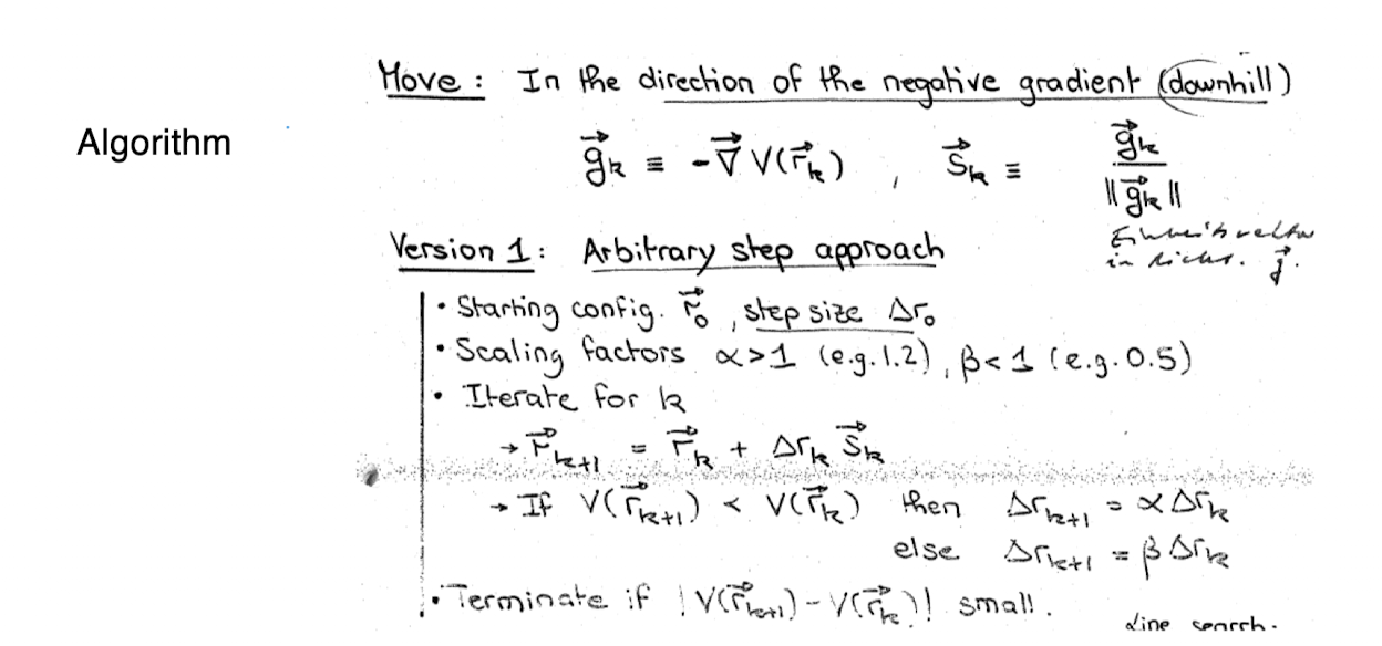 <ul><li><p>compute gradient ∇(x<sub>k</sub>) at the current point r<sub>k</sub></p></li><li><p>choose direction: move in the direction -∇(x<sub>k</sub>)</p></li><li><p>choose step size: ⍺<sub>k</sub> determines how far to move</p></li><li><p>update position: X<sub>k+1</sub> = x<sub>k</sub> - ⍺∇f(x<sub>k</sub>)</p></li></ul><p></p>