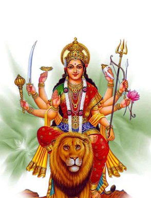 <p>beautiful woman with a gentle face. rides a lion with 10 arms holding weapons with which she vanquishes the demons who threaten the dhama.</p>