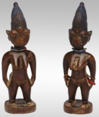 <ul><li><p>twins are very common in the Yoruba</p><ul><li><p>although not every twin survives, if it dies during child birth:</p><ul><li><p>a diviner (babalawo) is consulted, he will find someone to do a carved figure</p></li></ul></li></ul></li><li><p>in the past, twins were seen as an embarassment, a bad omen, so they were left in the forests, killed, etc.</p><ul><li><p>a change: the community realized that killing the twins was causing the community bad fortune, and so they realized that twins are actually meant to be honored</p></li></ul></li><li><p>shango: associated with thunder and lightning</p><ul><li><p>protective deity of twins</p></li><li><p>twins are sometimes called children of thunder</p><ul><li><p>as they are strong and erratic</p></li></ul></li></ul></li><li><p>when twin(s) dies, figure(s) will be made:</p><ul><li><p>symbolism: the figure helps keep the twin who died less lonely in the spirit world and keeps them from trying to bring the living twin with them into the spirit world</p></li><li><p>the figure gets taken care of as if it is a real person, first by the mother, then once old enough, the living twin will take care of the figure</p></li><li><p>they are not carved to look like babies/children, they are like young adults</p><ul><li><p>this exemplifies the potential they never reached</p></li></ul></li><li><p>plastic figures are becoming common, they are more toy-like, more accessible, something a child would enjoy more</p></li></ul></li></ul><p></p>
