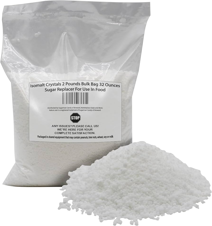 <p>a white crystalline “sugar-free” sweetener made from sucrose, used in diabetic baking. Because it does not break down when heated and absorbs very little water, some pastry chefs like to use isomalt for pulled sugar work. It also does not yellow, making it ideal for glass-like pieces</p>
