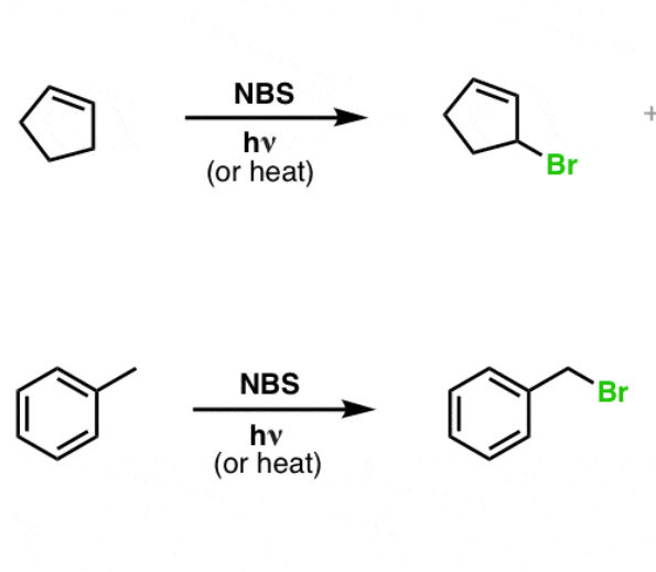 <p></p><p>product: allylic bromide</p><p>allylic means C next to double bond</p><p></p>