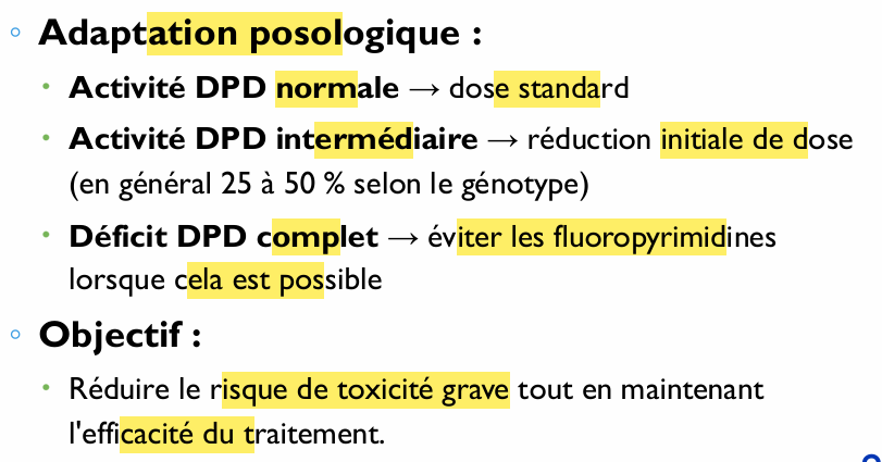 <p>Polymorphismes affectant la TS et la DPD 5-fluorouracile (5-FU) + capécitabine</p><p>recommandation donc? </p>