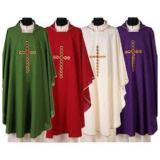 <p>sleeveless outer vestment which is slipped over the head, hands over the shoulders, and overs the stole and alb; selected for the liturgical color of the Mass; symbolizes the yoke of Jesus and the virtue of charity</p>