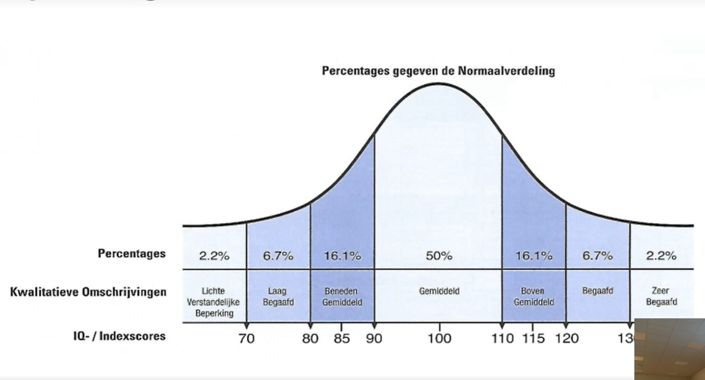 <ul><li><p>persoon scoort gemiddeld</p></li><li><p>persoon scoort boven gemiddeld</p></li><li><p>persoon scoort begaafd</p></li><li><p>persoon scoort zeer begaafd</p></li><li><p>persoon scoor beneden gemiddeld </p></li><li><p>persoon scoort laag begaafd</p></li><li><p>licht verstandelijke beperking </p></li></ul><p></p>
