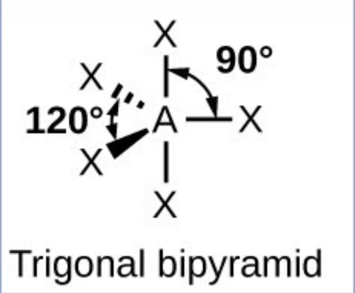 <p>Trigonal bipyramidal - 120(Trigonal planer) and 90 (to other 2)</p>