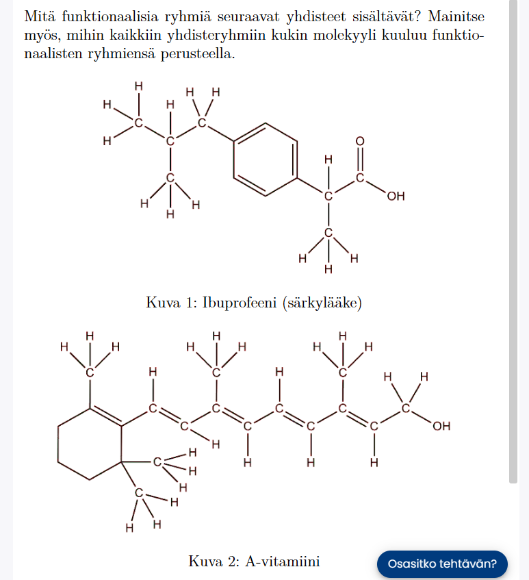 <p>nimeä funktionaaliset ryhmät ja kerro mihin yhdisteluokkiin yhdiste voidaan luokitella niiden perusteella</p>