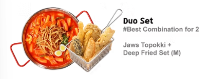 <p>Contains two menu items: Jaws Topokki and Deep Dried Set (M). Good for two people. </p>